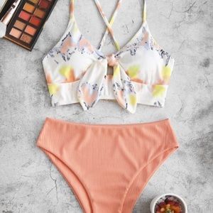 ZAFUL Ribbed Knot Lace Up Tankini